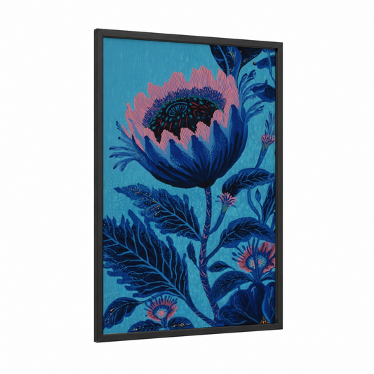 Midnight Bloom Anemone framed sea anemone print — black wood frame — blue and pink palette