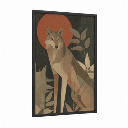 Moonlit Wolf framed art print — black wood frame — russet and sage green palette