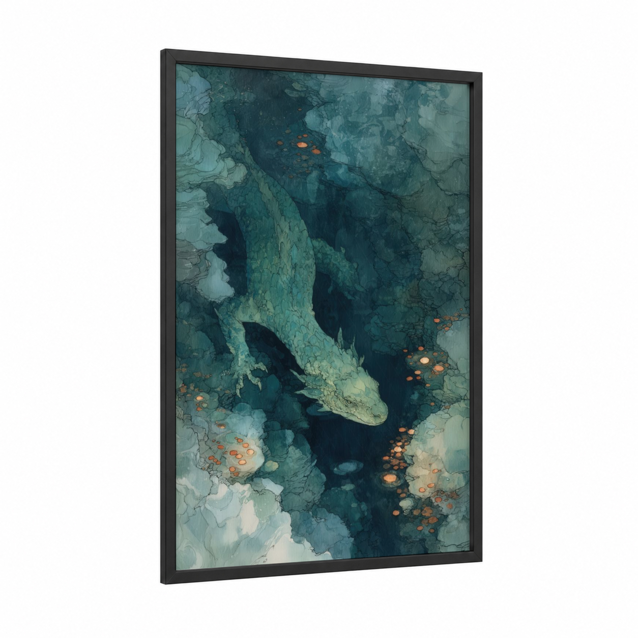 Emerald Basilisk framed art print — black wood frame — teal and gold palette
