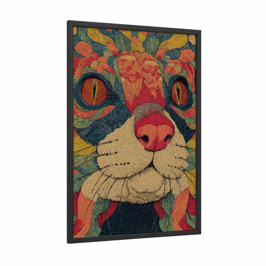 Colorful Weasel framed art print — black wood frame — red and gold palette