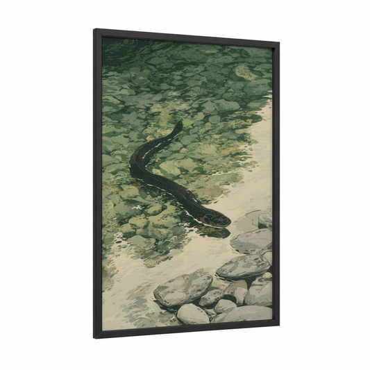 Shallow Water Eel framed eels print — black wood frame — sage green and white palette