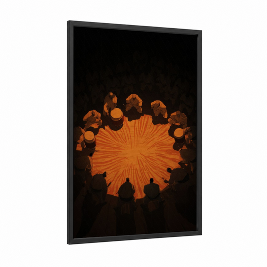 Capoeira Circle framed art print — black wood frame — orange and black palette