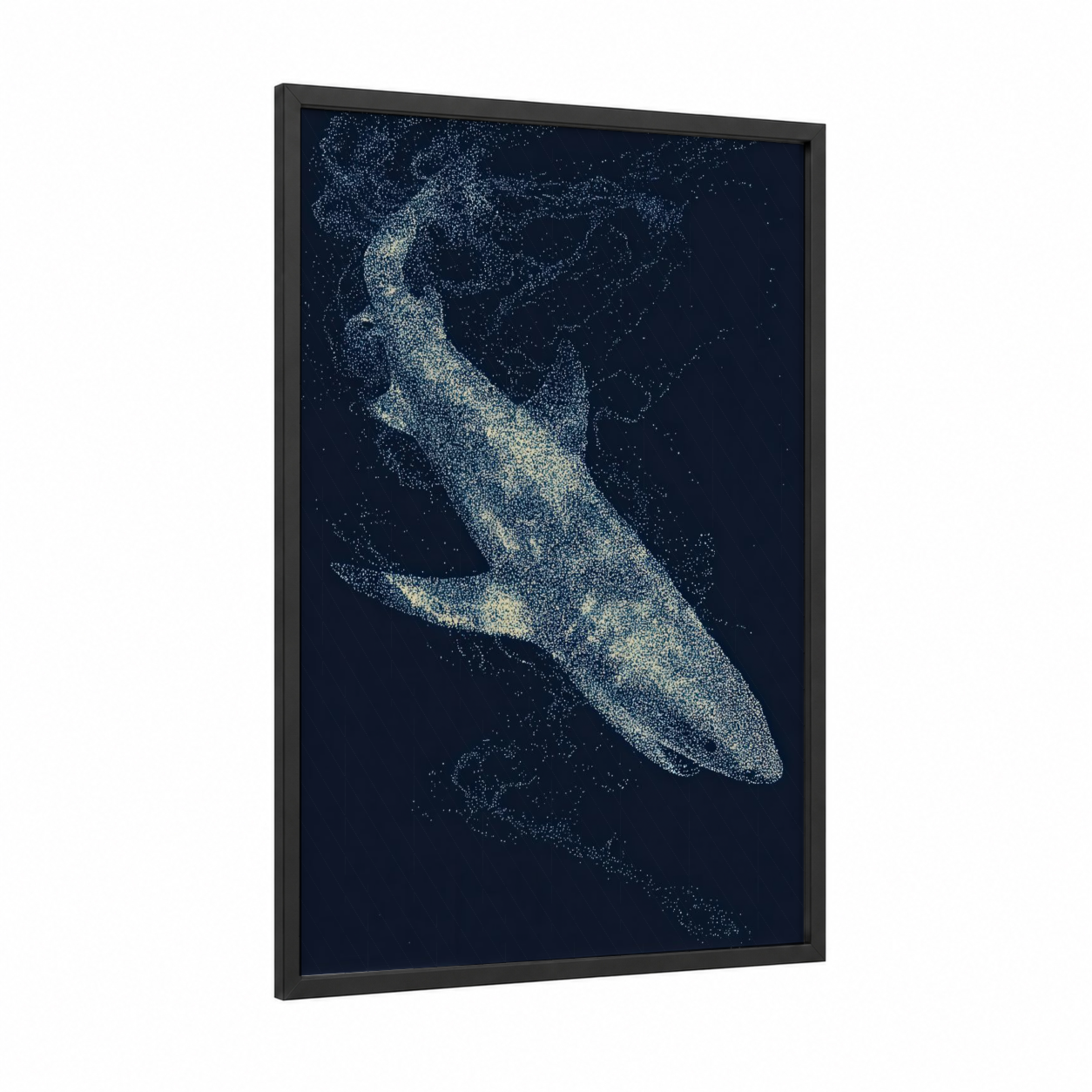 Celestial Basking Shark framed art print — black wood frame — blue and white and dark blue palette