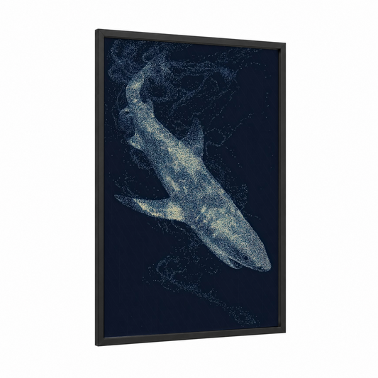 Celestial Basking Shark framed art print — black wood frame — blue and white and dark blue palette