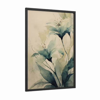Ethereal Lily Watercolor framed art print — black wood frame — sage green and cream palette