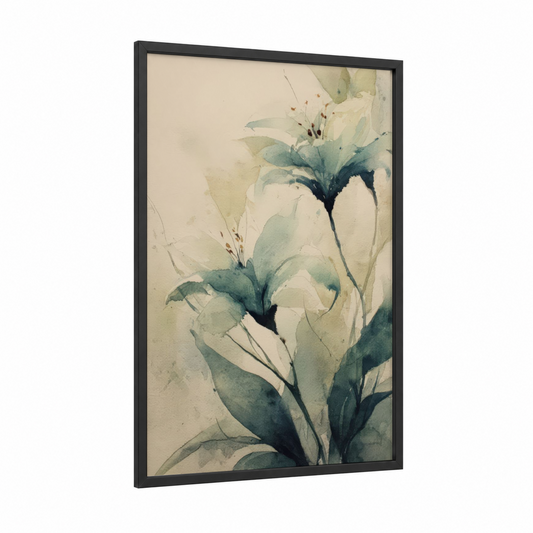 Ethereal Lily Watercolor framed art print — black wood frame — sage green and cream palette