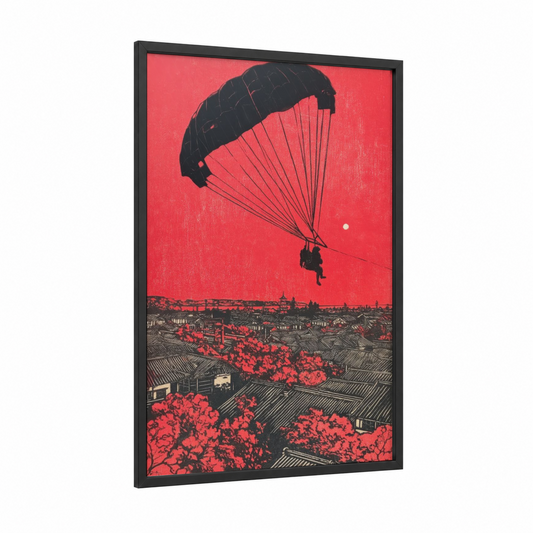 Crimson Descent Parasail framed parasailing print — black wood frame — red and black palette