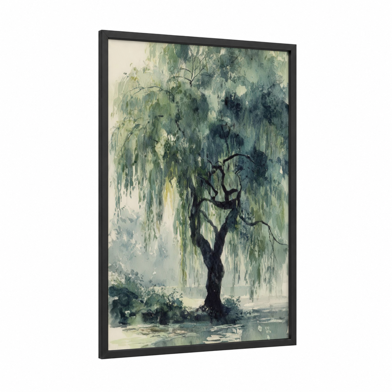 Weeping Willow Mist framed willow tree print — black wood frame — light green and dove gray palette