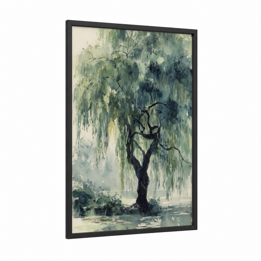 Weeping Willow Mist framed willow tree print — black wood frame — light green and dove gray palette