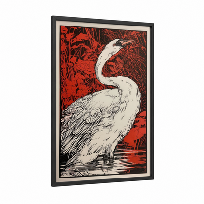 Crimson Swan framed art print — black wood frame — red and white palette