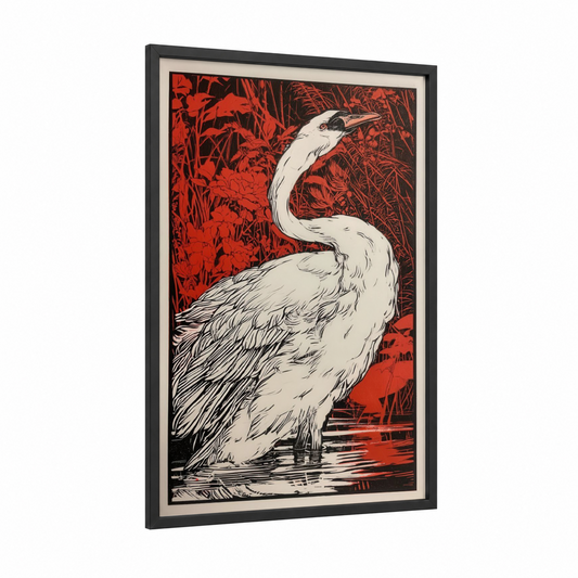 Crimson Swan framed art print — black wood frame — red and white palette