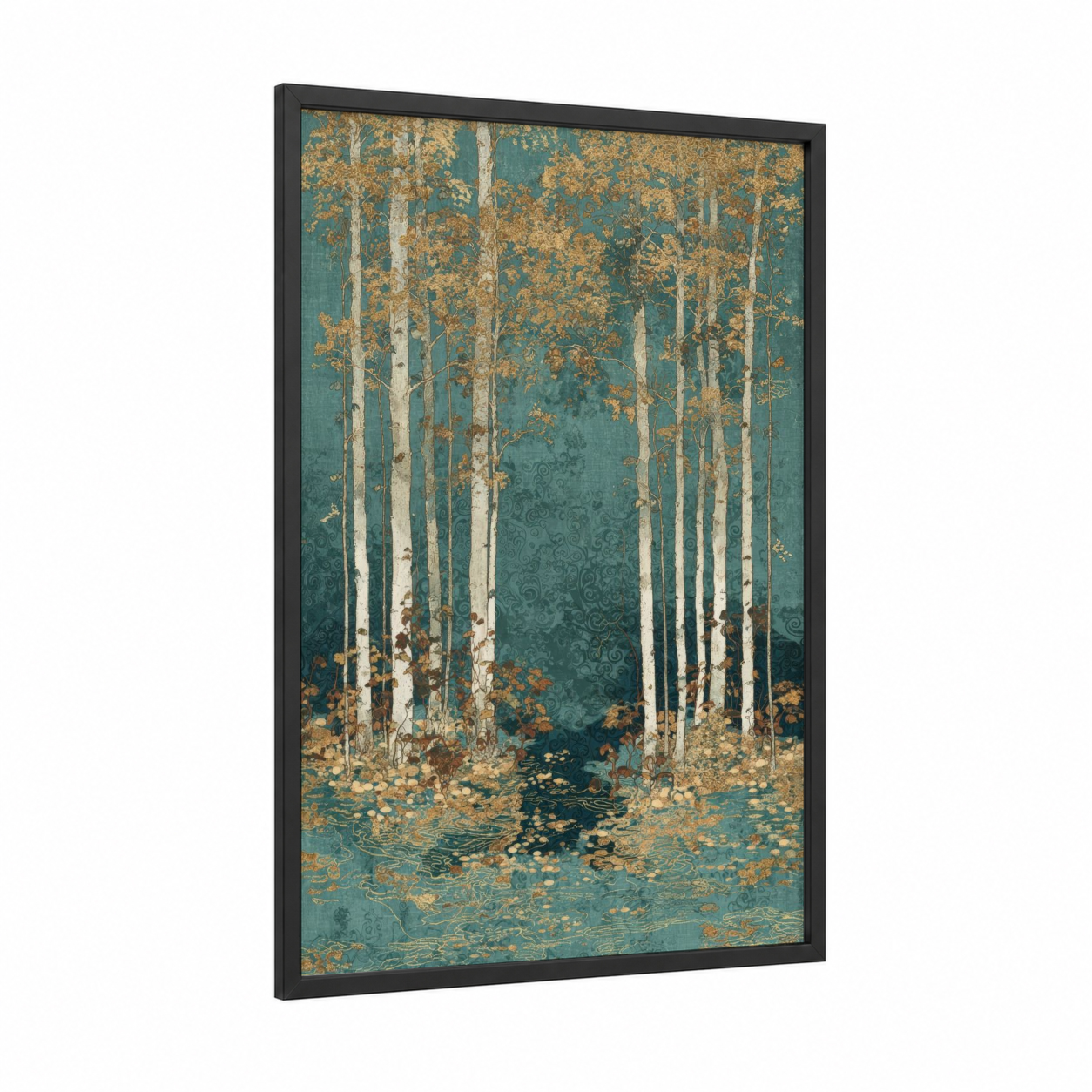 Golden Birch Forest framed birch tree print — black wood frame — teal and gold palette