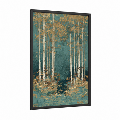 Golden Birch Forest framed birch tree print — black wood frame — teal and gold palette