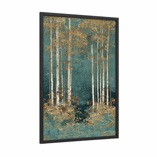 Golden Birch Forest framed birch tree print — black wood frame — teal and gold palette