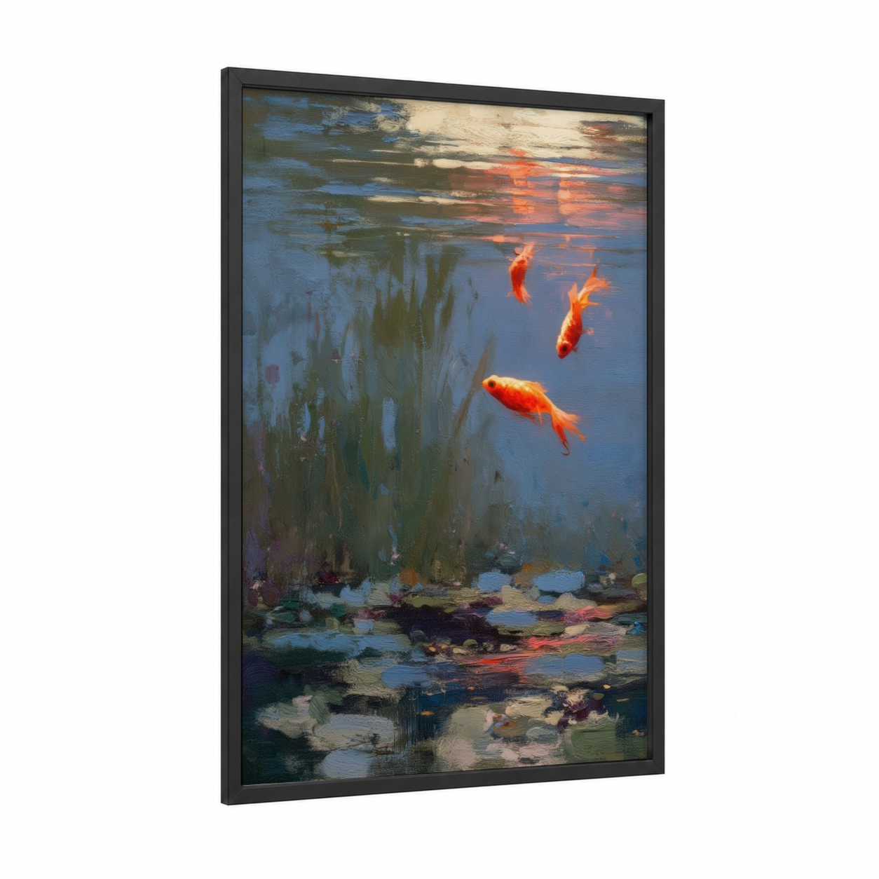 Sunset Goldfish framed art print — black wood frame — gold and blue palette