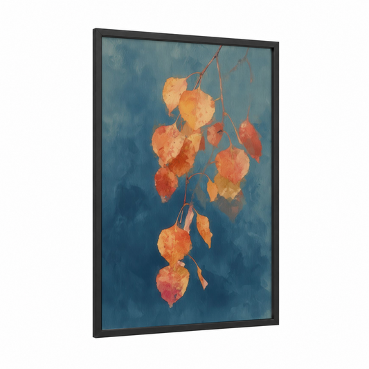 Autumn Birch Leaves framed birch tree print — black wood frame — blue and gold palette