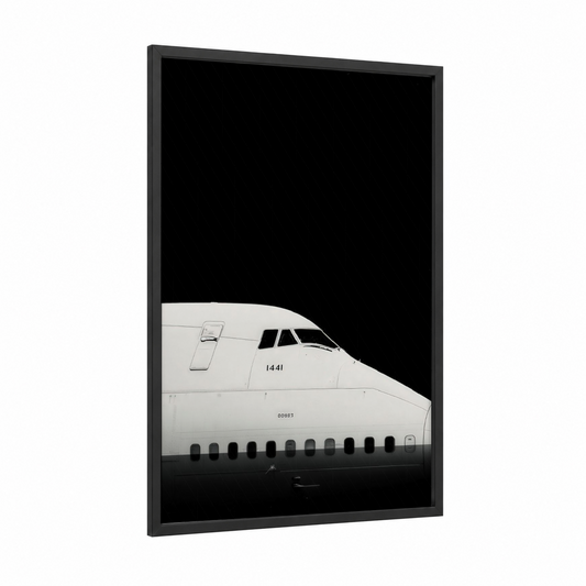Minimalist Airliner framed commercial plane print — black wood frame — black and white palette