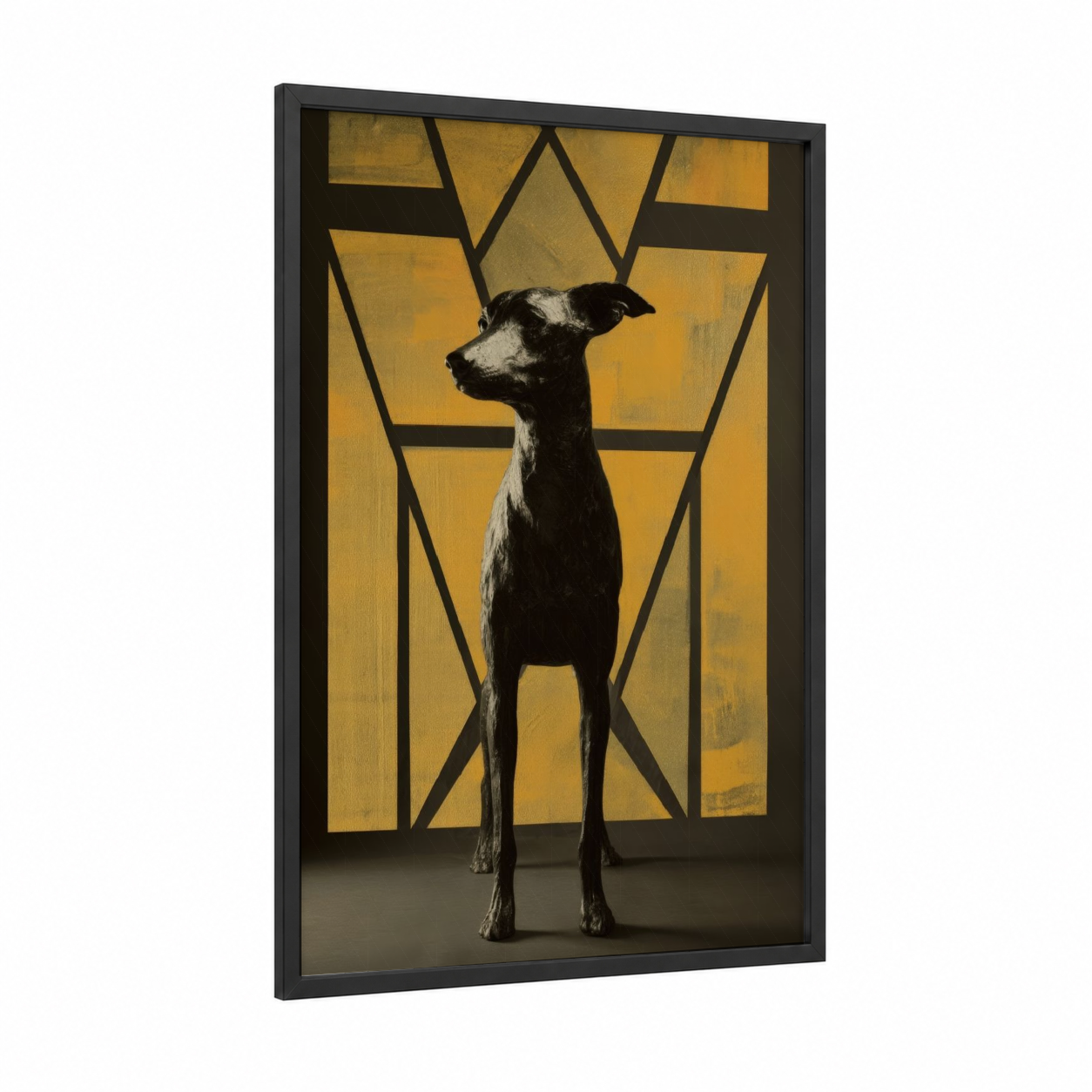 Regal Terrier framed art print — black wood frame — yellow gold and black palette