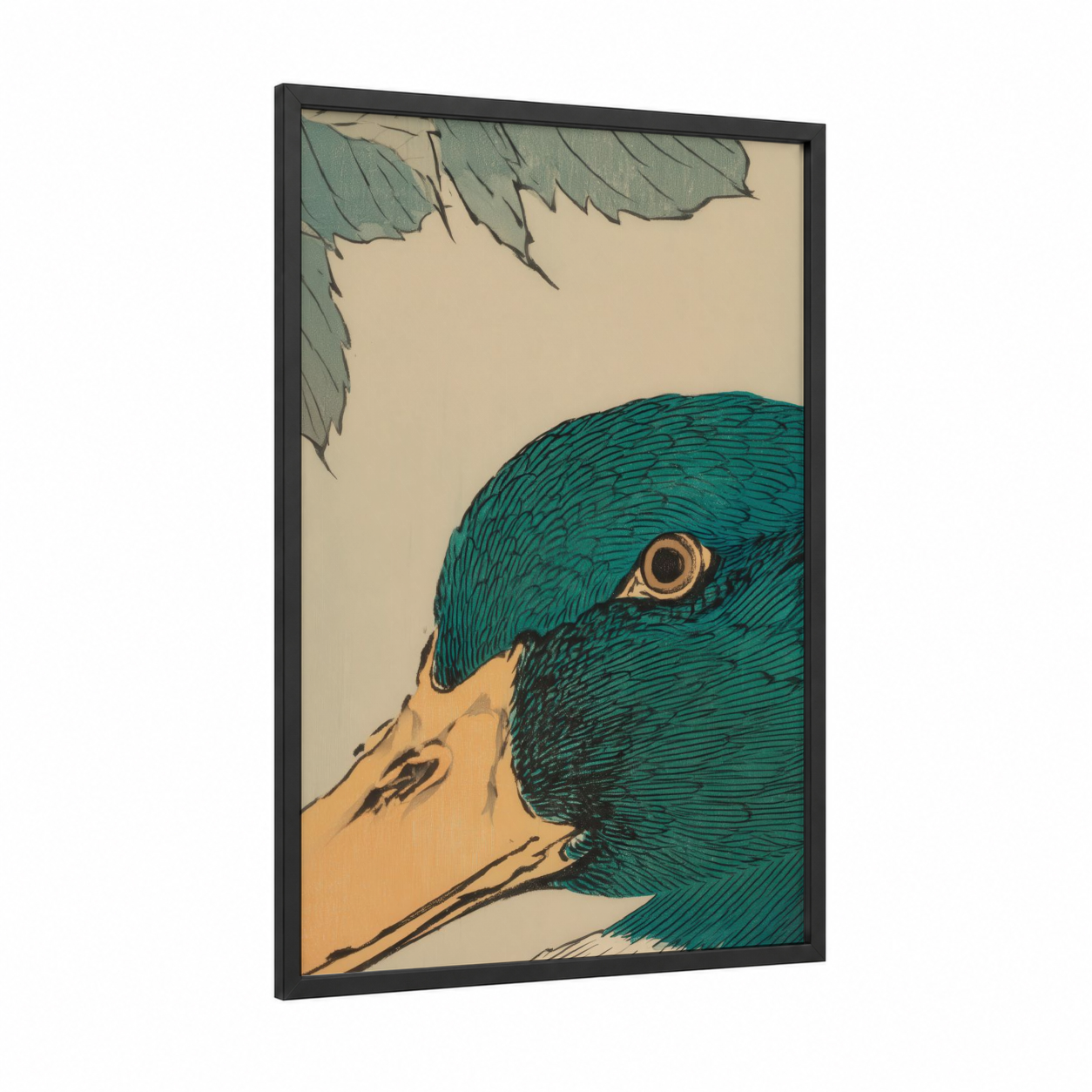 Teal Duck Profile framed ducks print — black wood frame — teal and cream palette