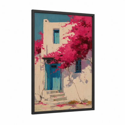 Magenta Cottage Dream framed art print — black wood frame — magenta and teal palette
