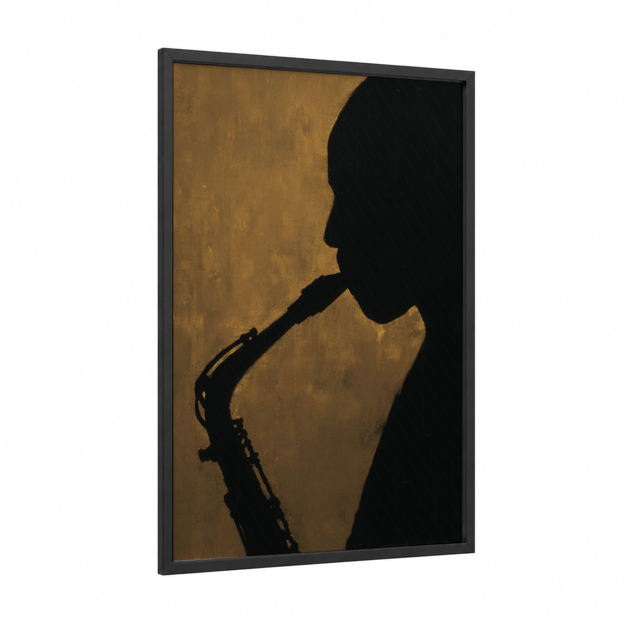 Golden Saxophone Silhouette framed art print — black wood frame — gold and black palette