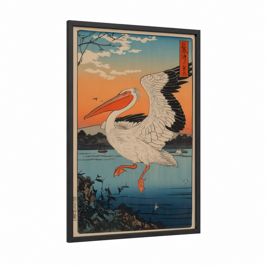 Crimson Pelican Sunset framed art print — black wood frame — orange and blue and gold palette