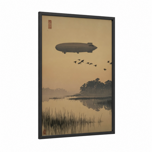 Vintage Airship framed art print — black wood frame — gray and beige palette