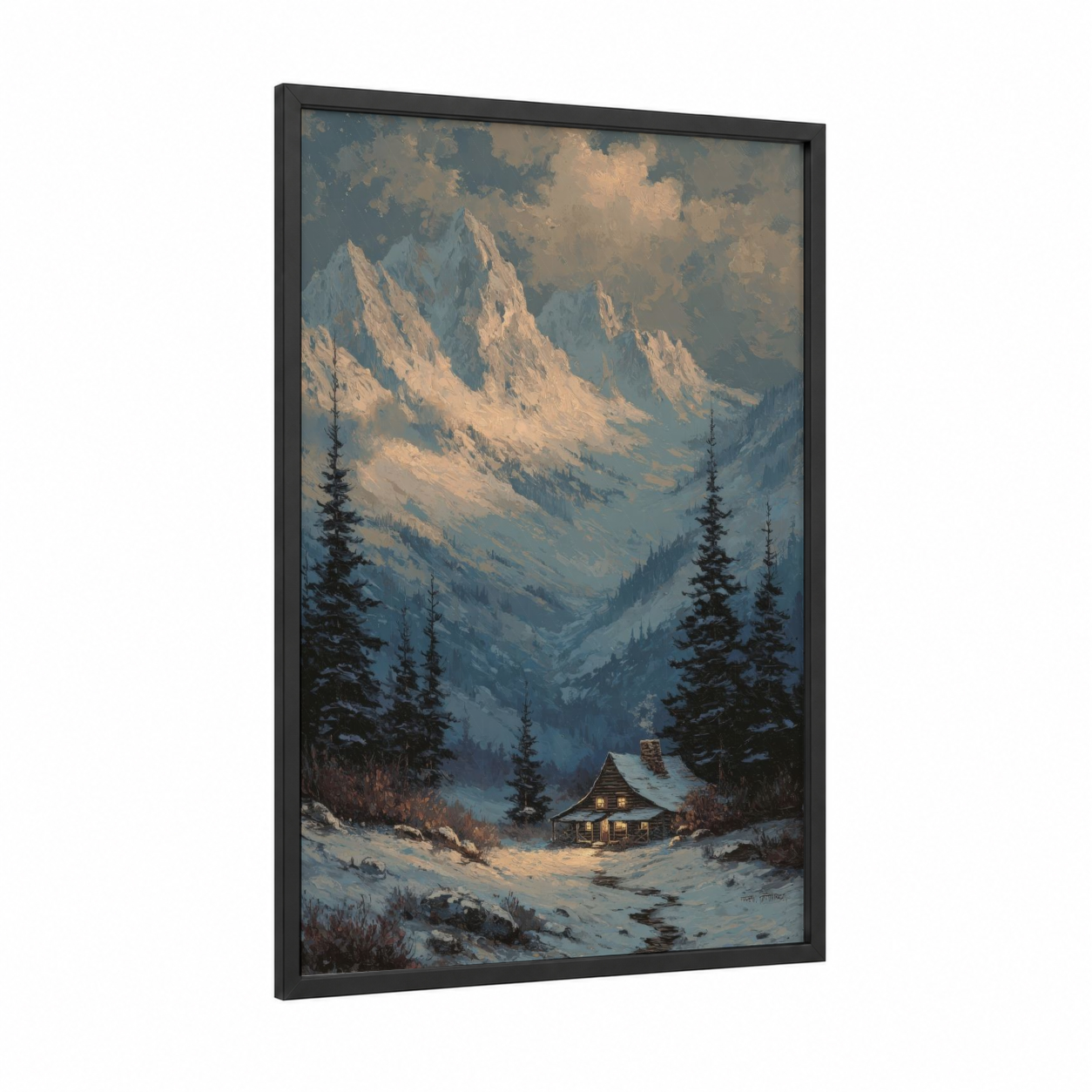 Alpine Cabin Retreat framed snowy mountains print — black wood frame — blue and gold palette
