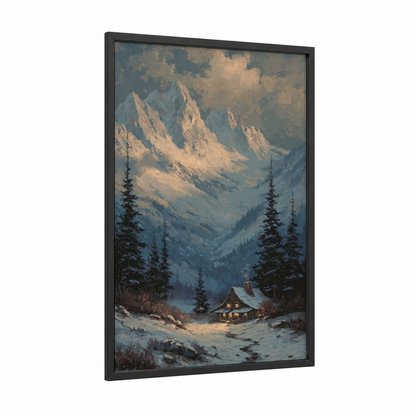 Alpine Cabin Retreat framed snowy mountains print — black wood frame — blue and gold palette