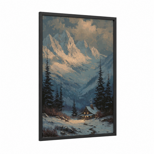 Alpine Cabin Retreat framed snowy mountains print — black wood frame — blue and gold palette