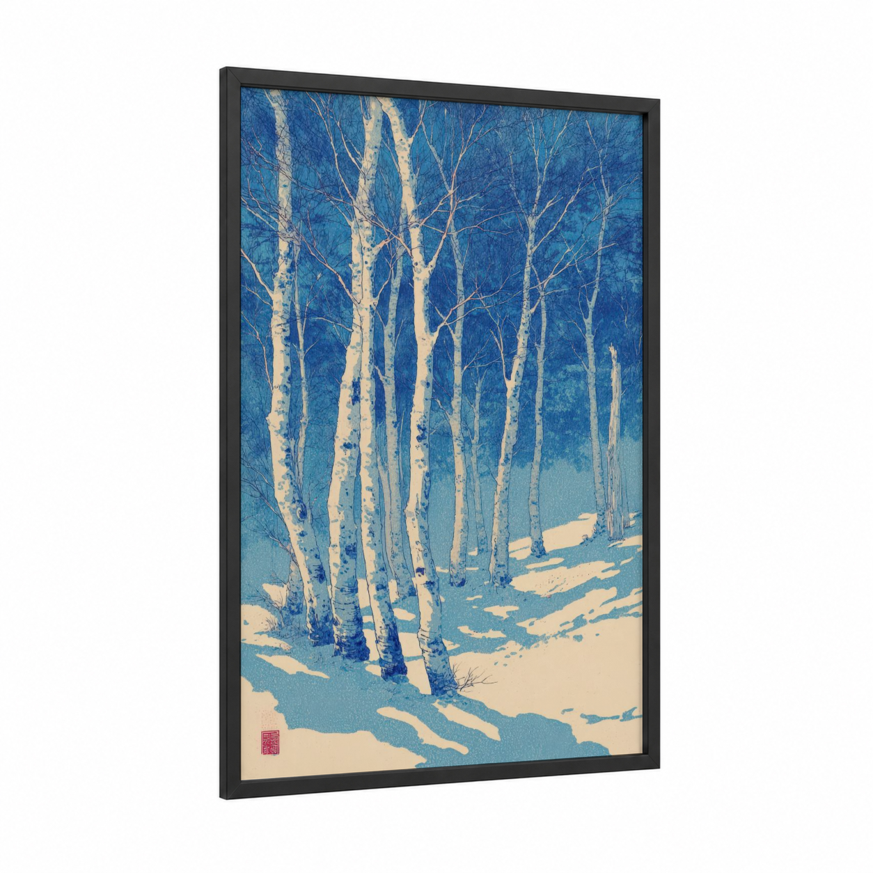 Snowy Birch Forest framed birch tree print — black wood frame — blue and cream palette
