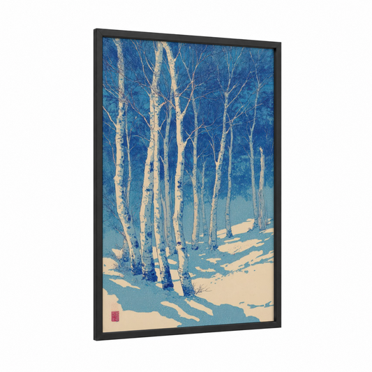 Snowy Birch Forest framed birch tree print — black wood frame — blue and cream palette