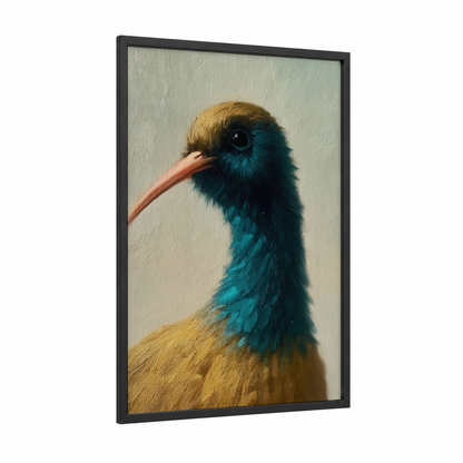 Golden Kiwi framed art print — black wood frame — teal and gold palette