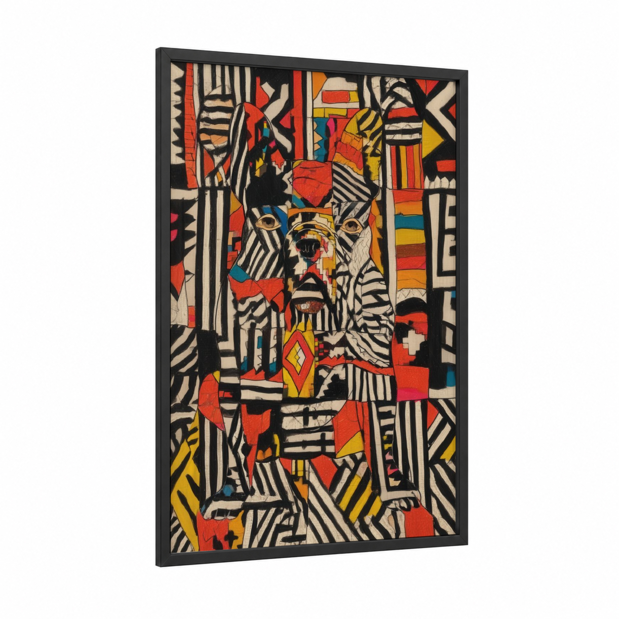 Abstract Bulldog framed art print — black wood frame — red and black and white palette