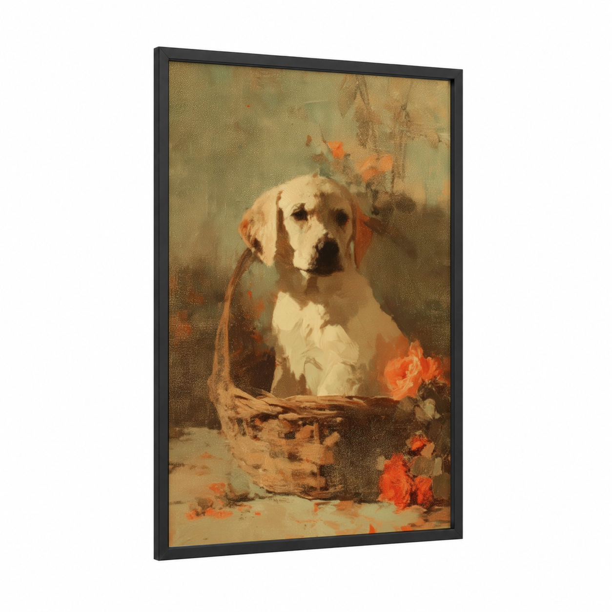 Golden Retriever Basket framed art print — black wood frame — gold and orange palette
