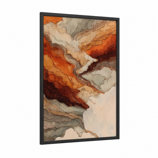 Ethereal Mist Layers framed art print — black wood frame — orange and cream palette