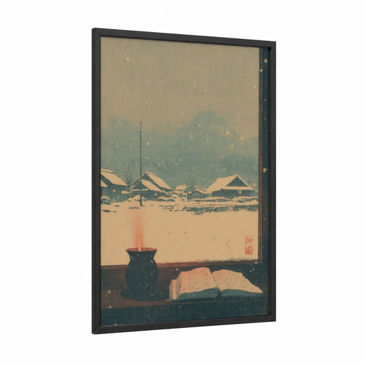Snowy Window Reading framed art print — black wood frame — cream and dove gray palette