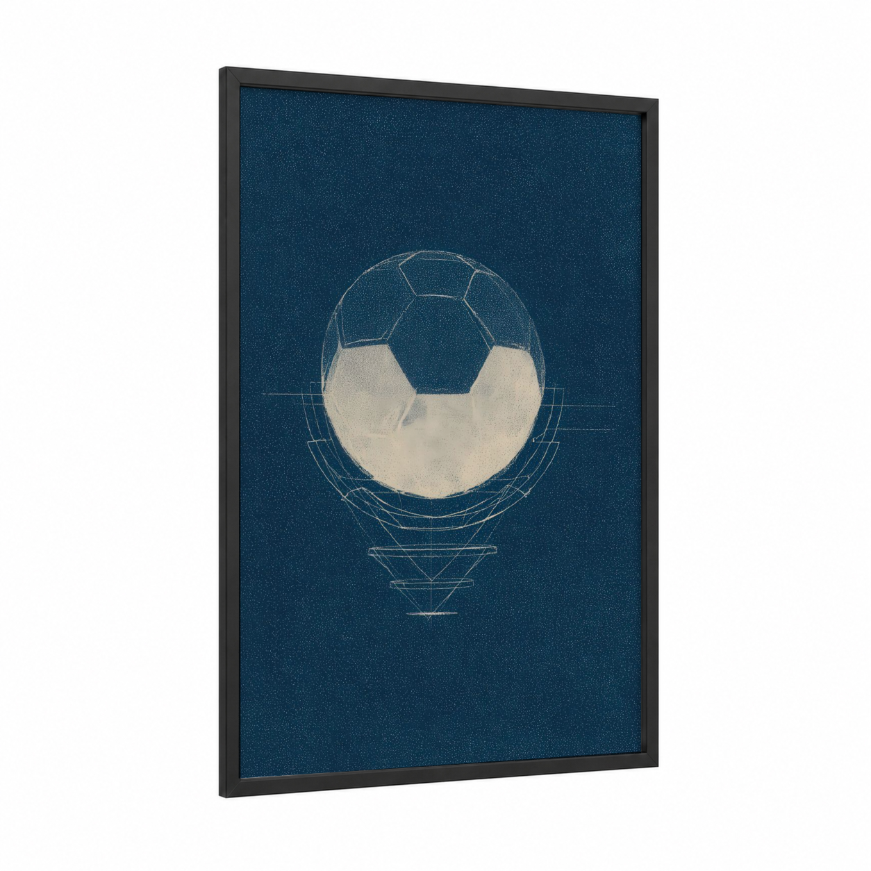 Minimalist Soccer Ball framed art print — black wood frame — dark blue and cream palette