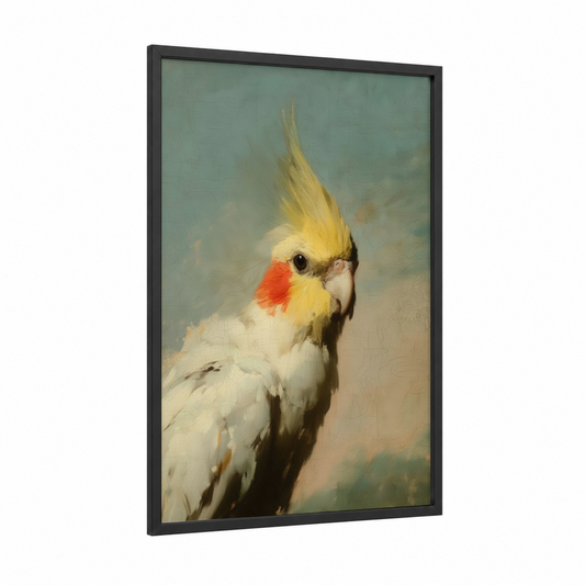 Crested Cockatoo Portrait framed safari parrots print — black wood frame — white and sage green palette