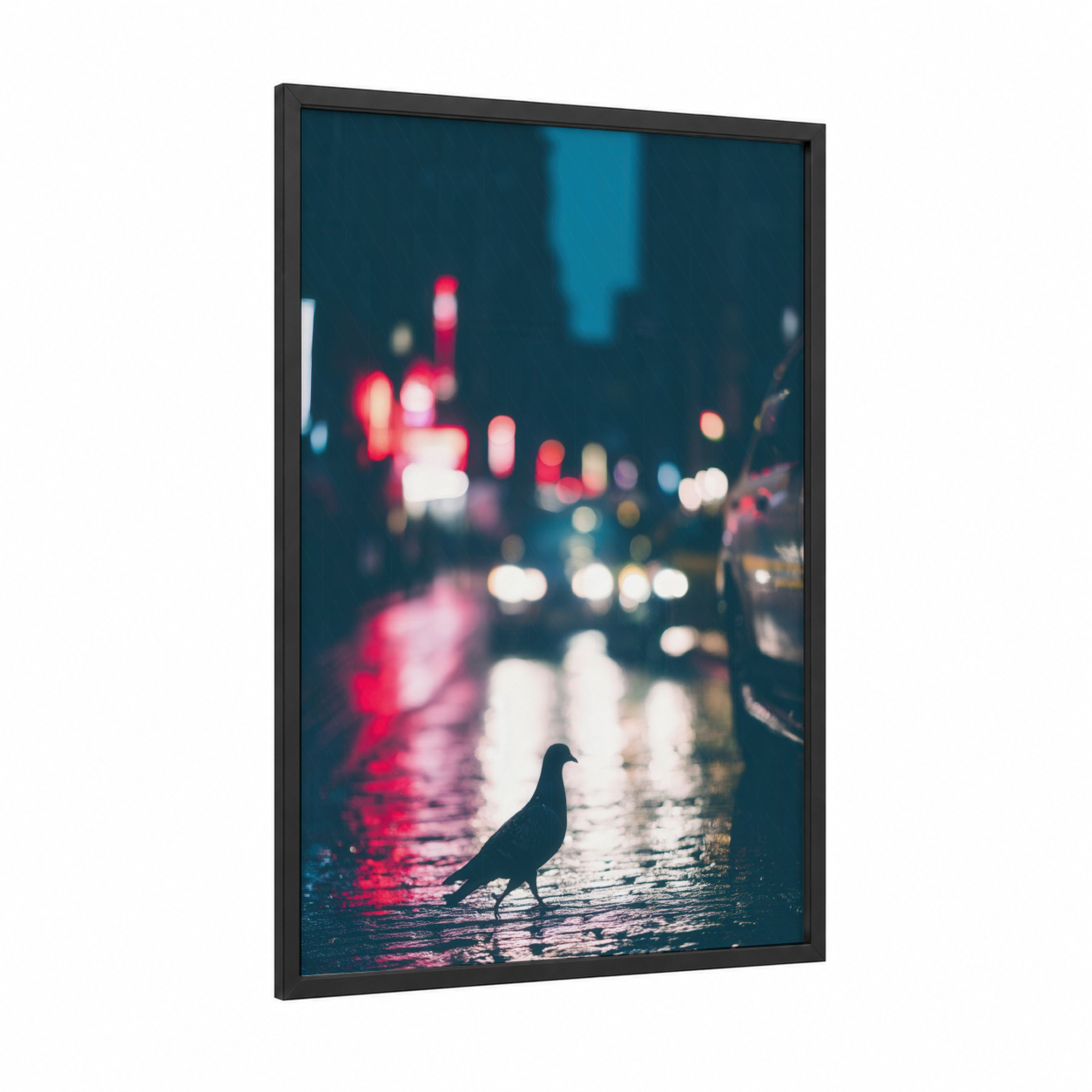 Neon Pigeon framed art print — black wood frame — magenta and dark blue palette