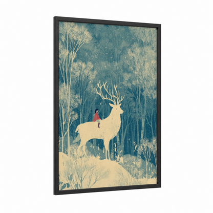 Forest Wanderer framed kids magic and fantasy print — black wood frame — blue and white and cream palette