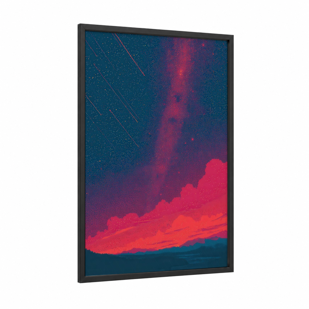 Cosmic Sunrise framed galaxy print — black wood frame — blue and magenta palette
