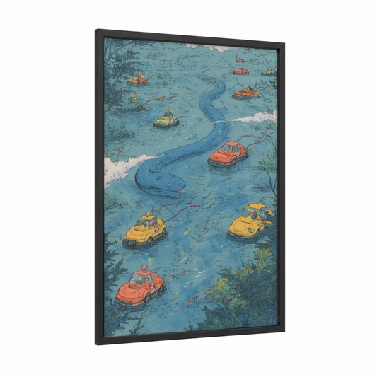 Whimsical Waterway framed eels print — black wood frame — blue and orange palette