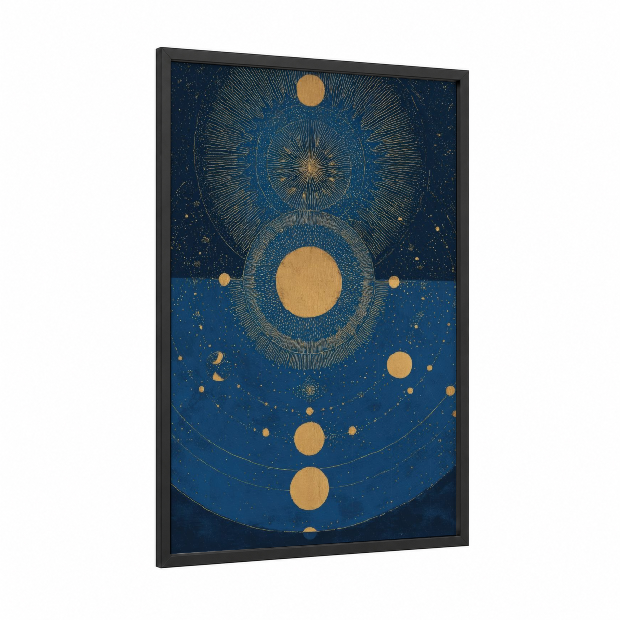 Celestial Mandala framed buddhism print — black wood frame — dark blue and yellow gold palette