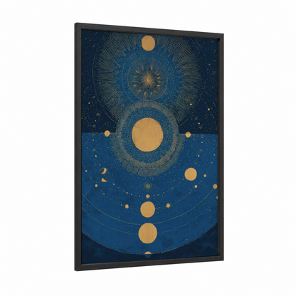 Celestial Mandala framed buddhism print — black wood frame — dark blue and yellow gold palette