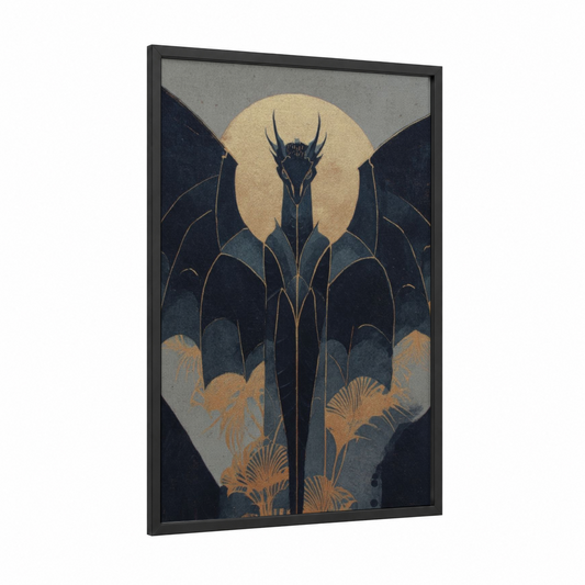 Moonlit Dragon framed art print — black wood frame — gold and black palette