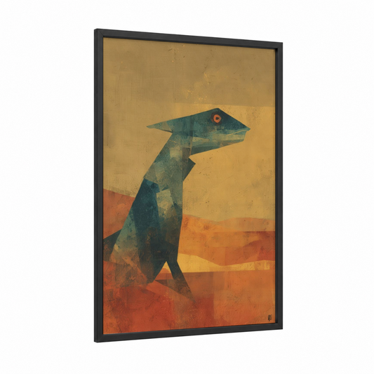 Desert Basilisk framed art print — black wood frame — gold palette