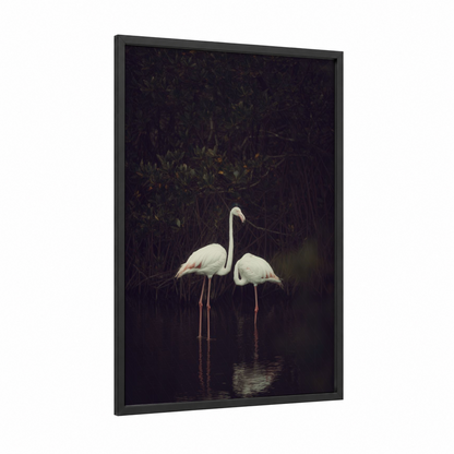 Twilight Flamingos framed art print — black wood frame — white and black palette