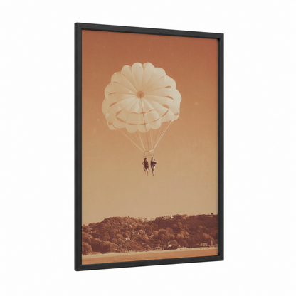 Golden Parasail Pair framed parasailing print — black wood frame — peach and russet palette