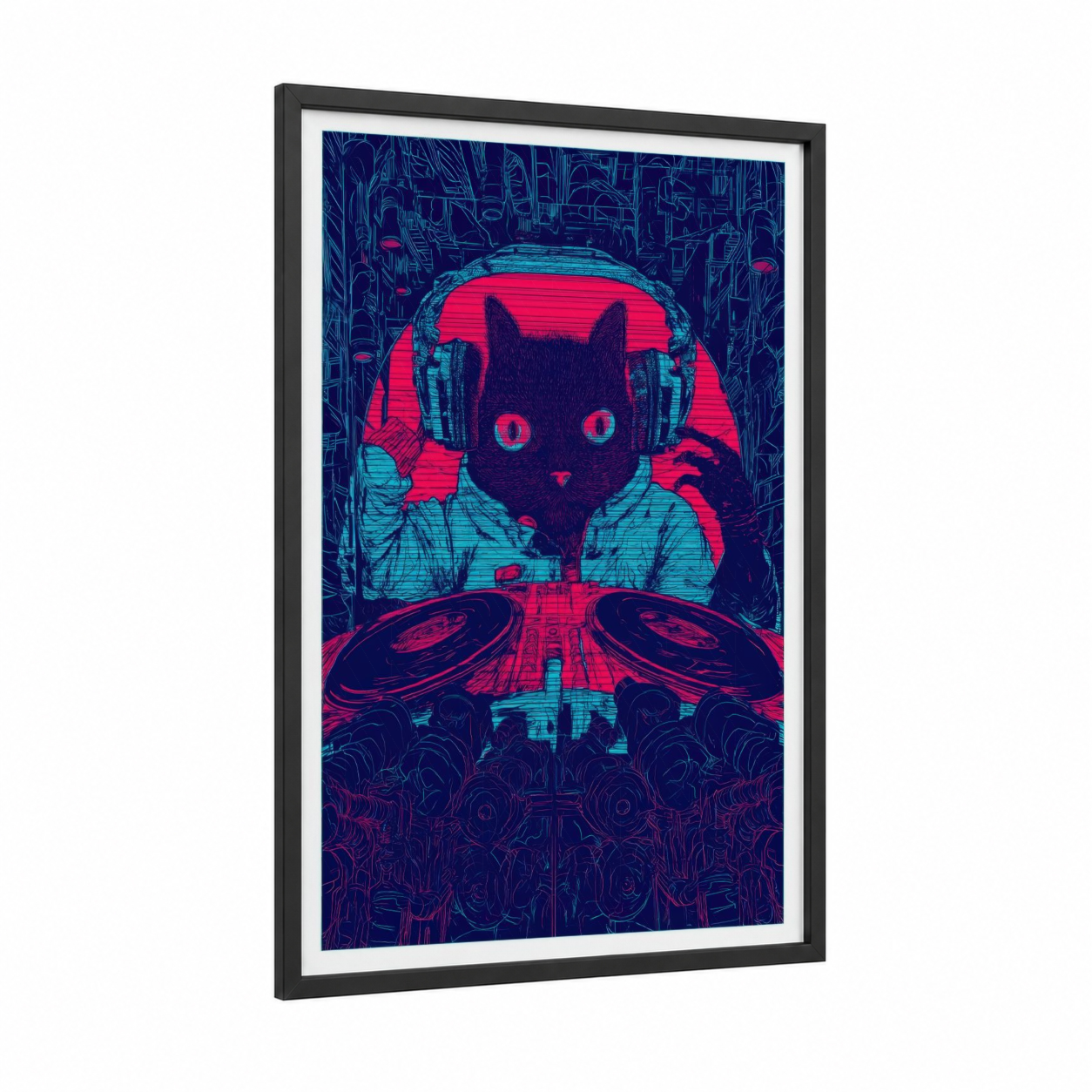 DJ Cat Vibes framed art print — black wood frame — magenta and teal palette
